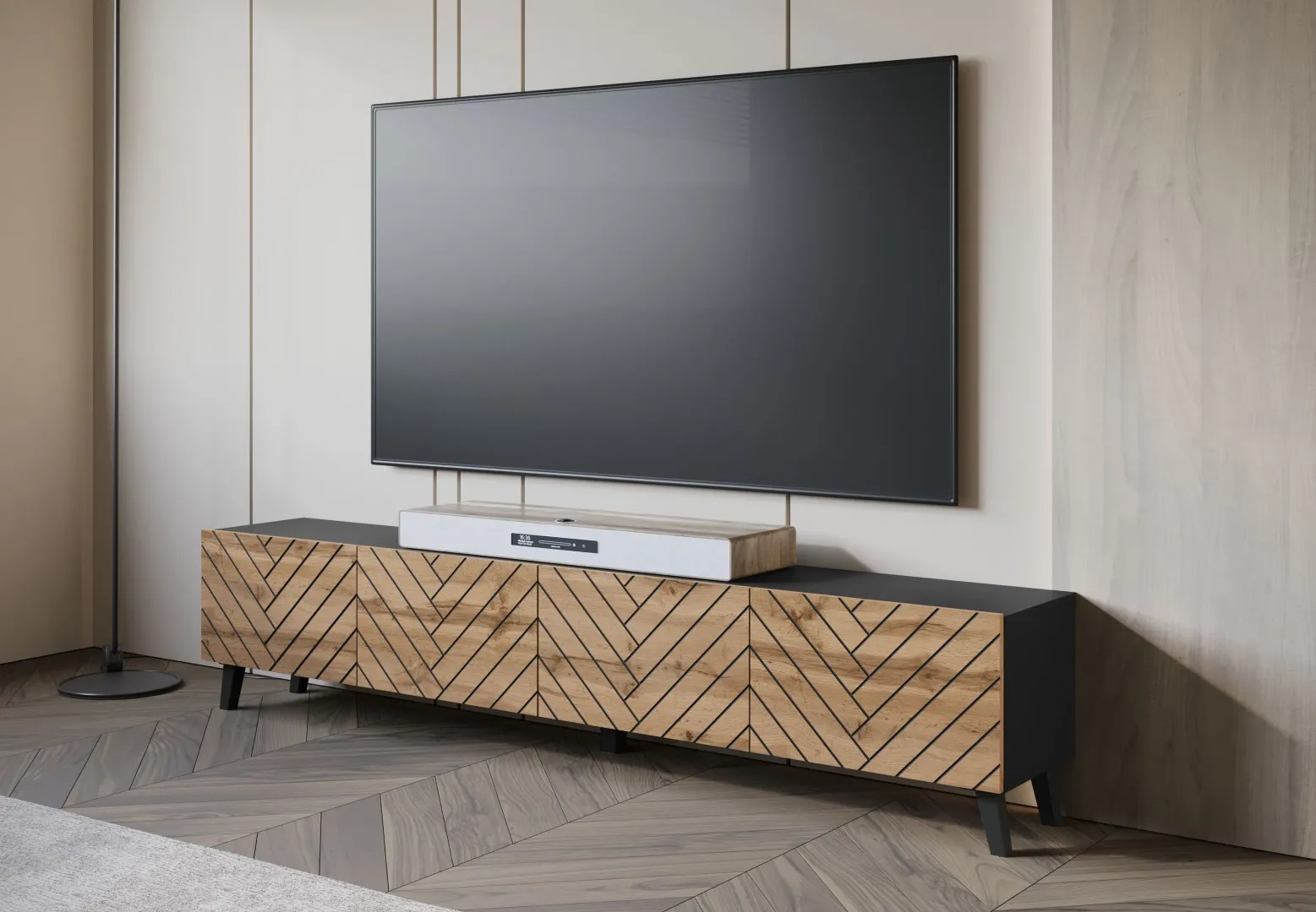 Długa szafka RTV LOKET 190 cm, front MDF z wzorem 3D